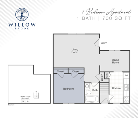 Floor plan for 1 bed, 1 bath, 700 sqft